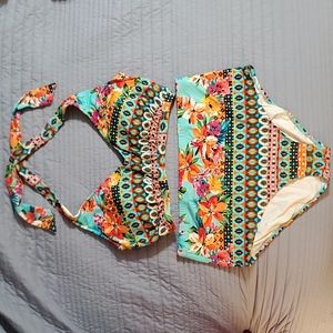 Swimsuit 2 piece bright floral and geometric pattern